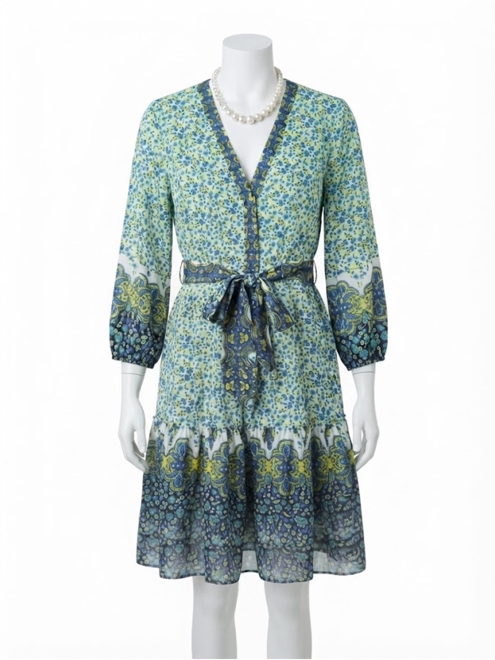 Kobi Halperin Blue and Yellow Floral Tiered Wrap Dress with Waist Tie